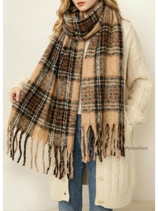 Oversized Plaid Blanket Scarf Chunky Knit Shawl Tassel Winter Wrap main image 2